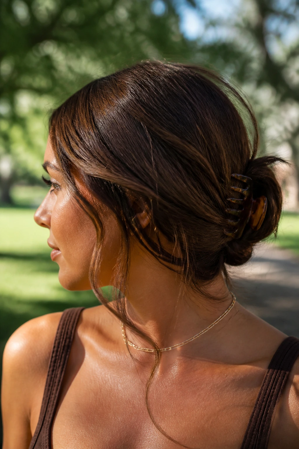 Portrait of a real person with a low claw-clip knot and tendrils in brunette hair