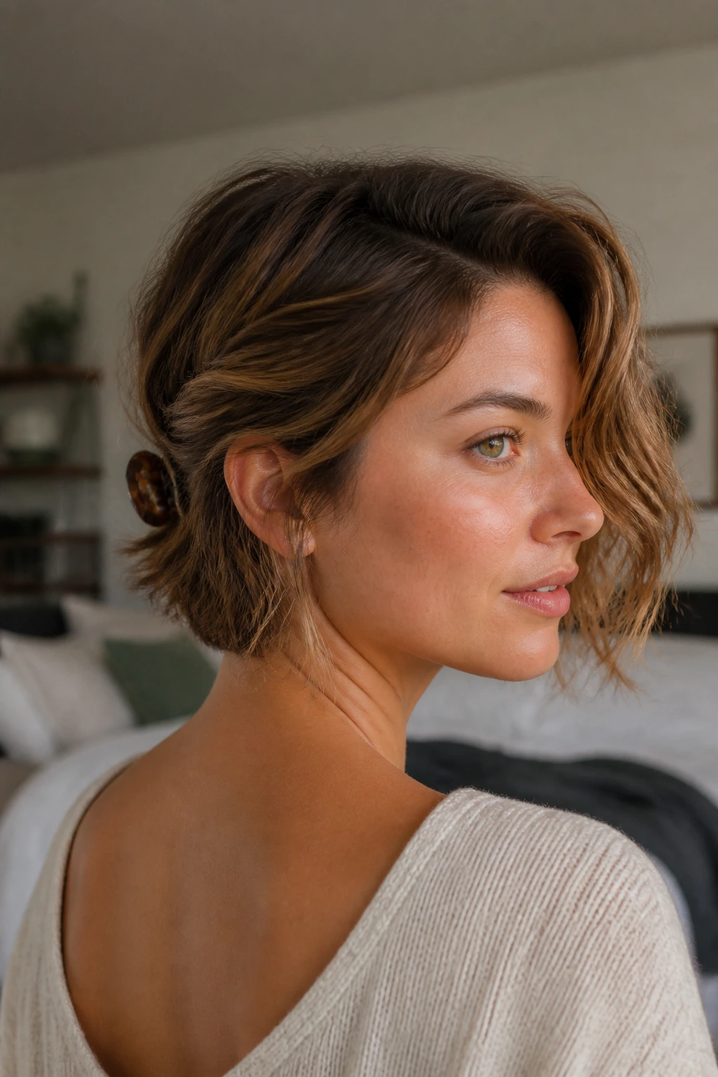 Close-up of a real woman with a low-nape clip and loose waves