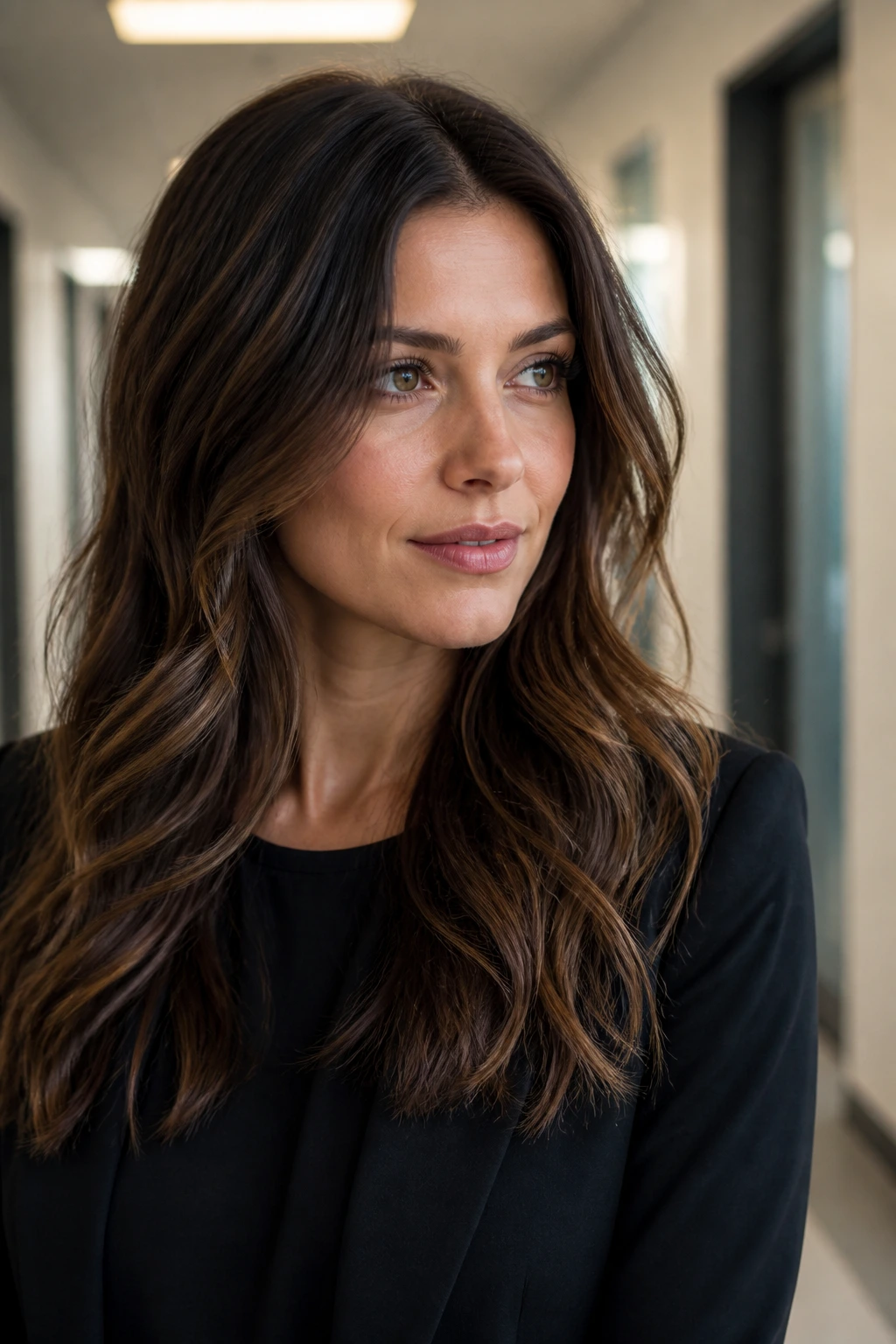 Close-up portrait of a real person with subtle caramel ribbons and natural base