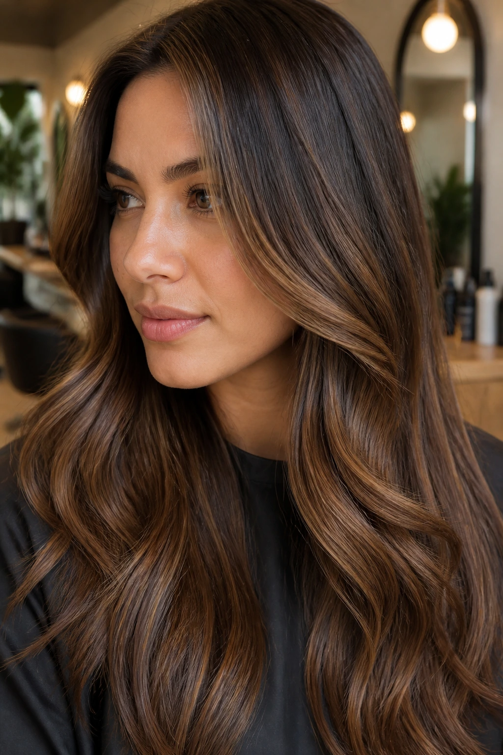 Portrait of brunette with near-equal base and highlights in soft daylight
