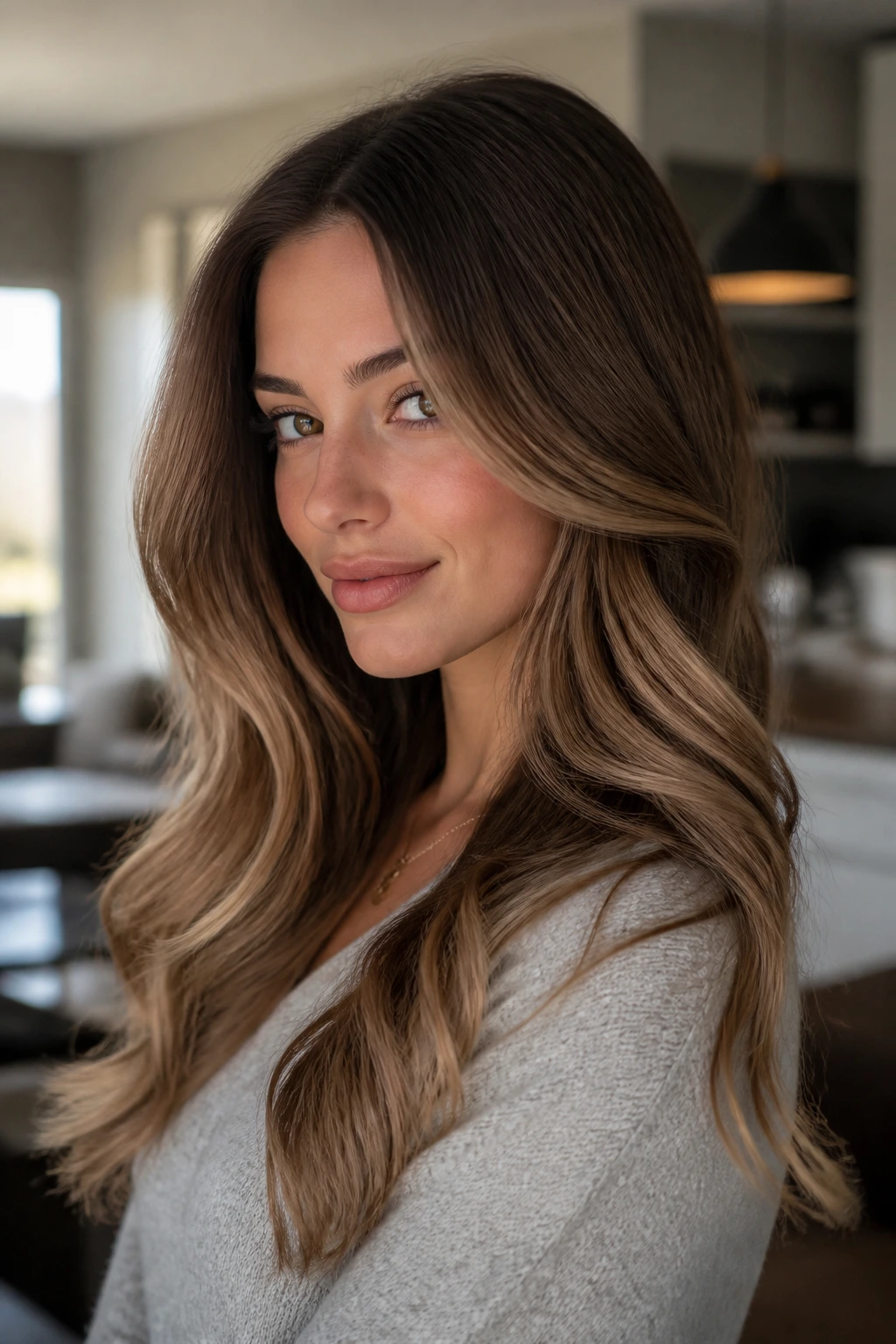 Close-up of a woman with soft-root, low-contrast caramel tones in a stylish interior