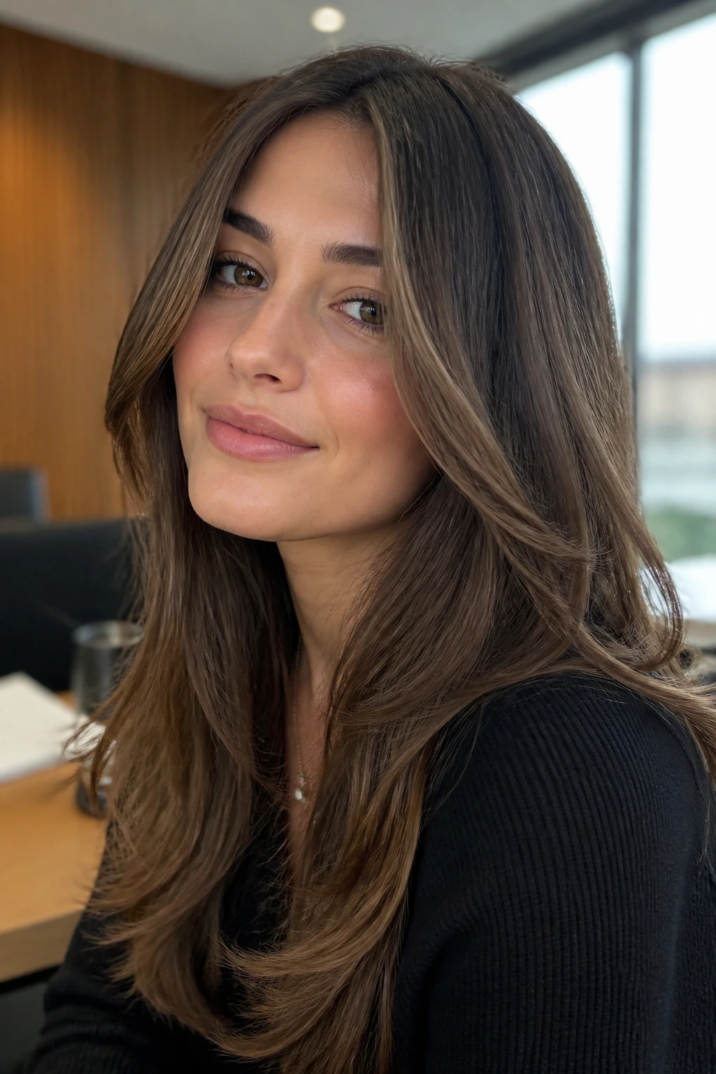 Close-up of real woman with low-contrast face frame hair
