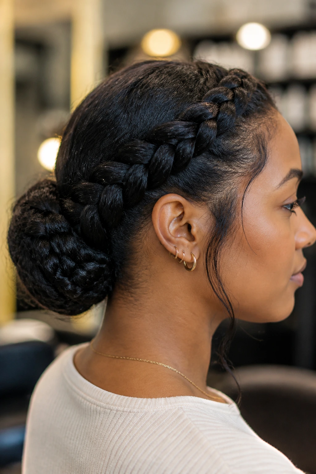 Profile portrait of a woman with a low crown braid bun