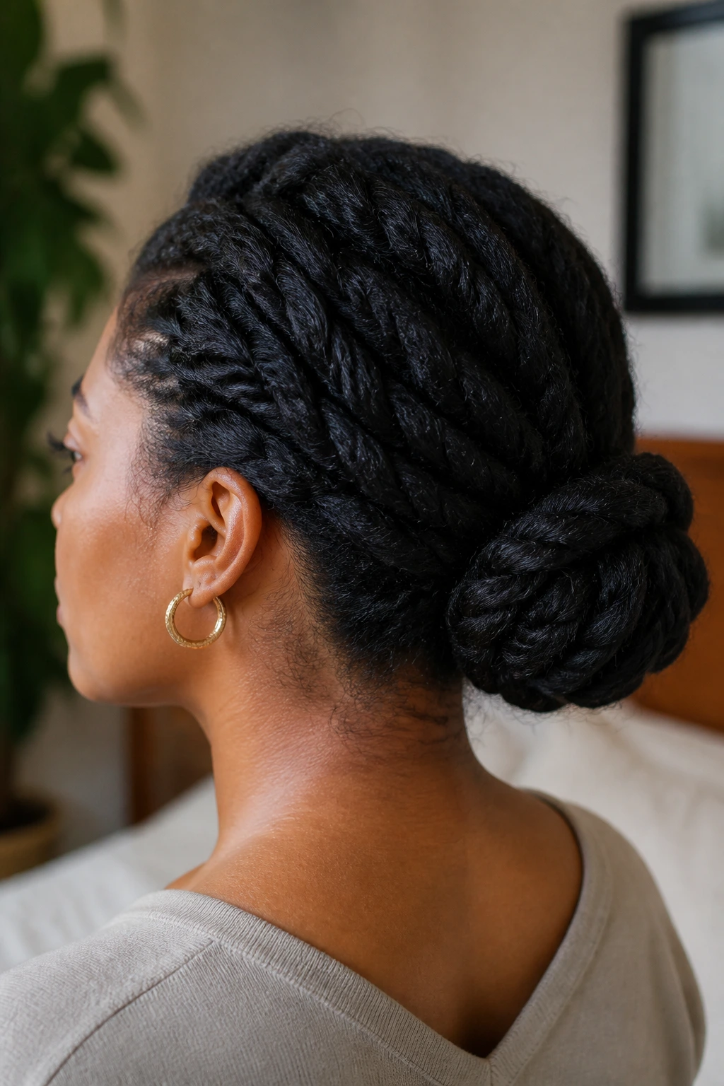 Close-up of a real woman with a low crown twist bun