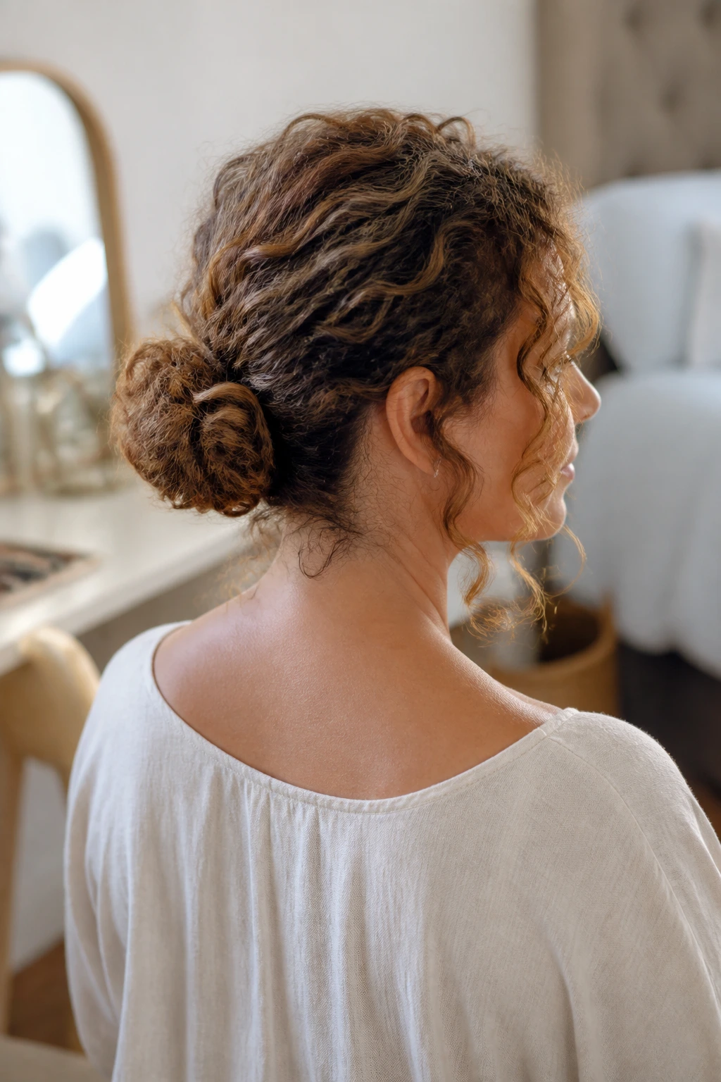 Back view of real woman with a low curly bun and loose pieces around temples