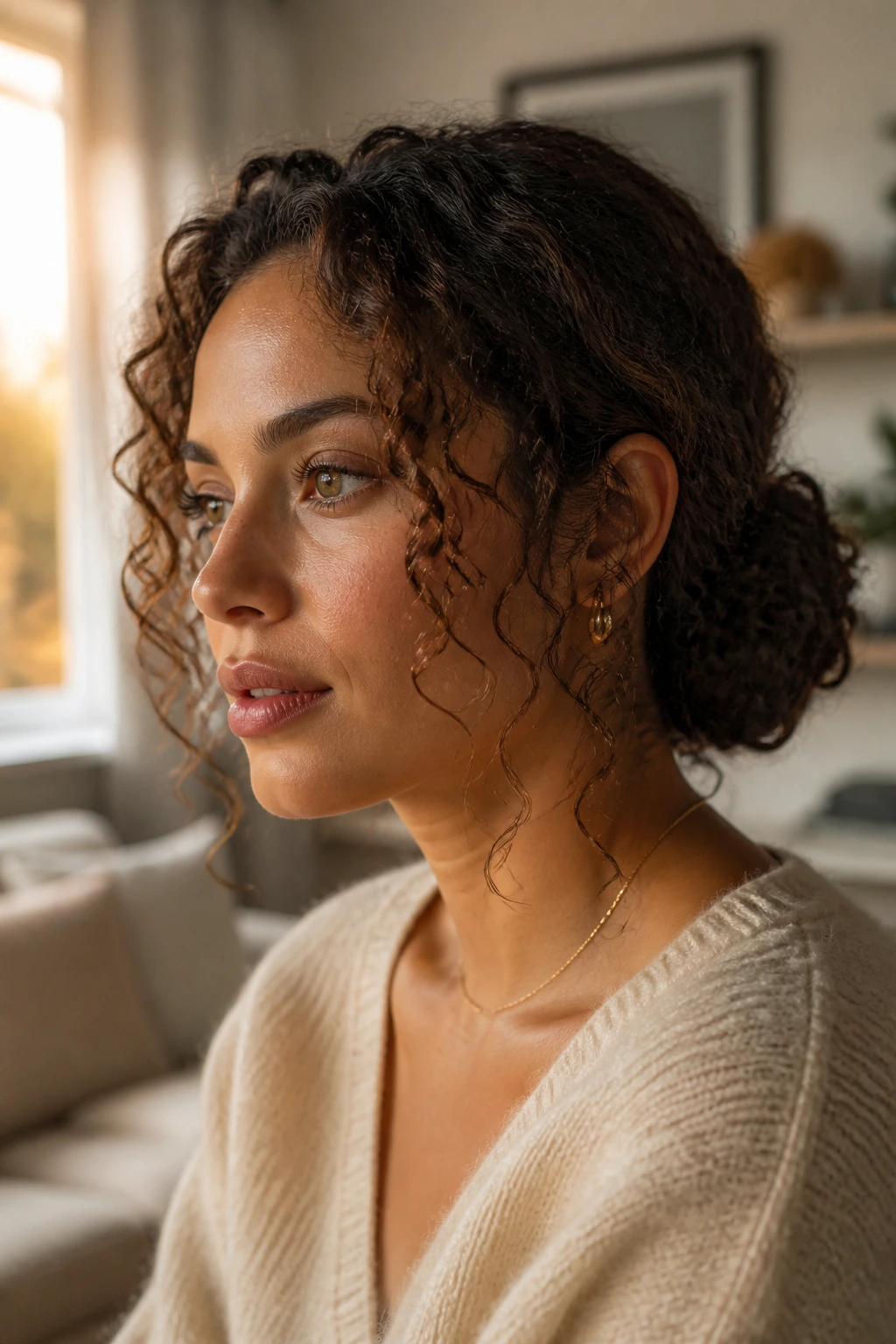 Close-up of a real woman with a low curly bun and loose pieces around the face