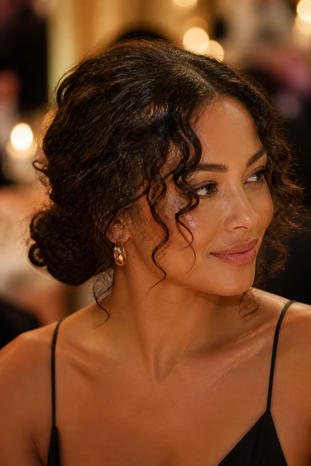 Close-up of a real woman with a low curly chignon and soft middle part