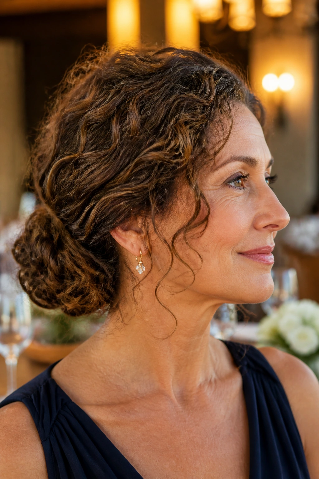 Close-up of a real woman with a low curly chignon at the nape and soft tendrils