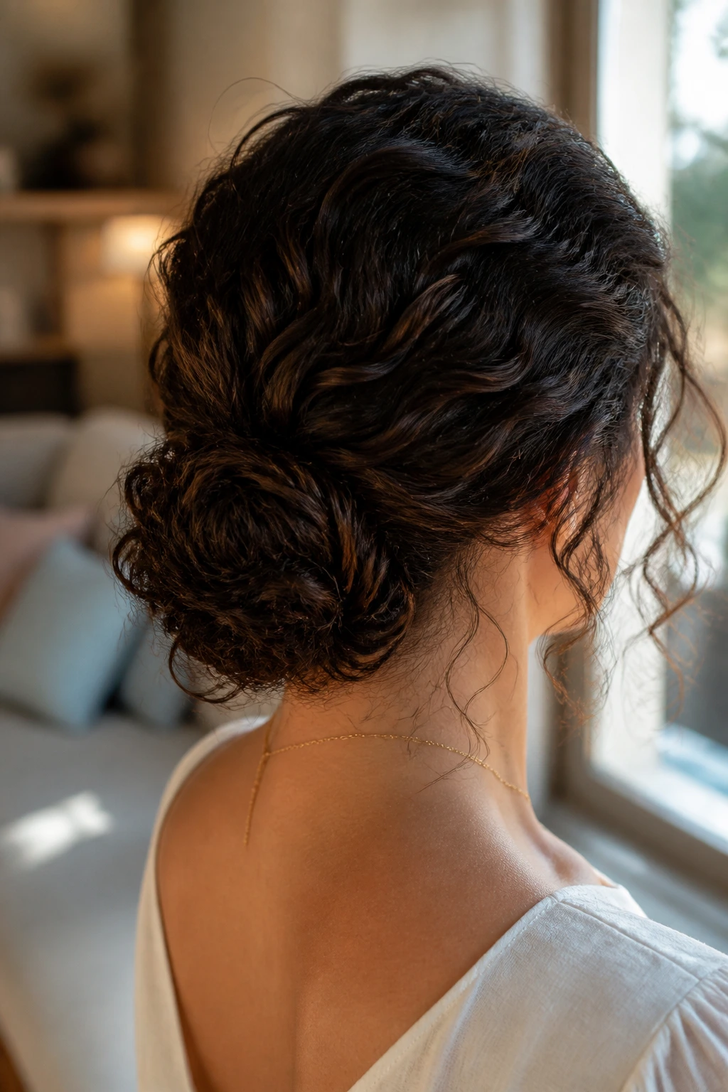 Portrait of a real woman with a low curly chignon at the nape and loose curls framing the neck.