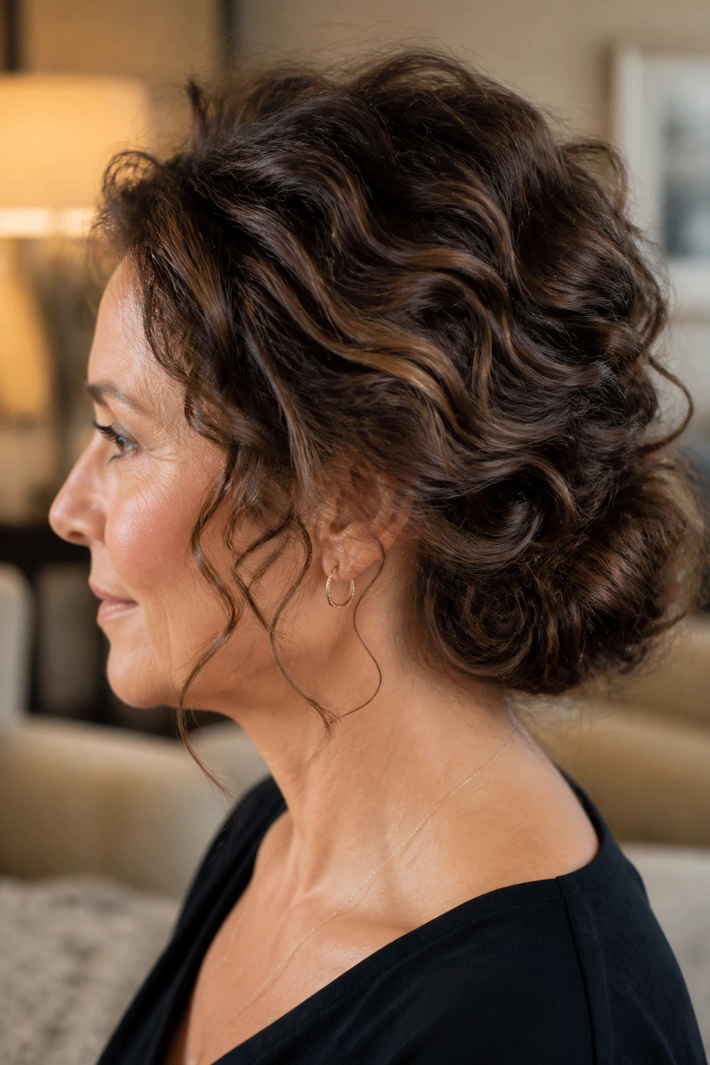 Close-up of a real woman wearing a low curly chignon with loose tendrils around ears