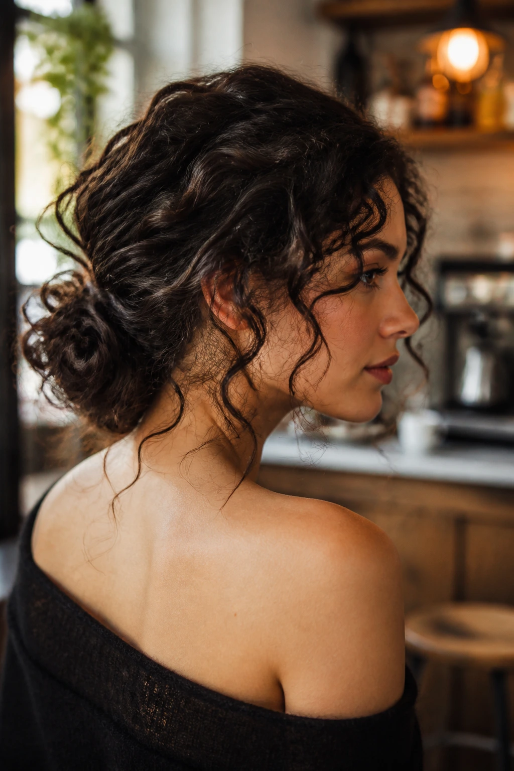 Portrait of a person with a low curly chignon and tendrils