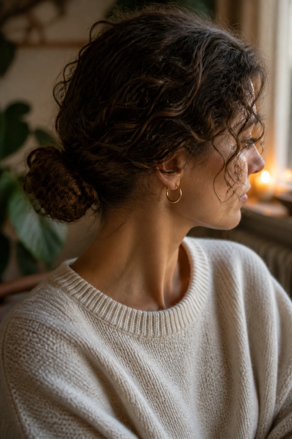 Close-up of a real woman wearing a low curly knot at the nape.