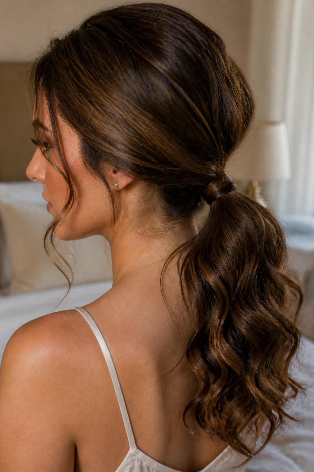 Real woman with low curly pony and wrapped base hairstyle.