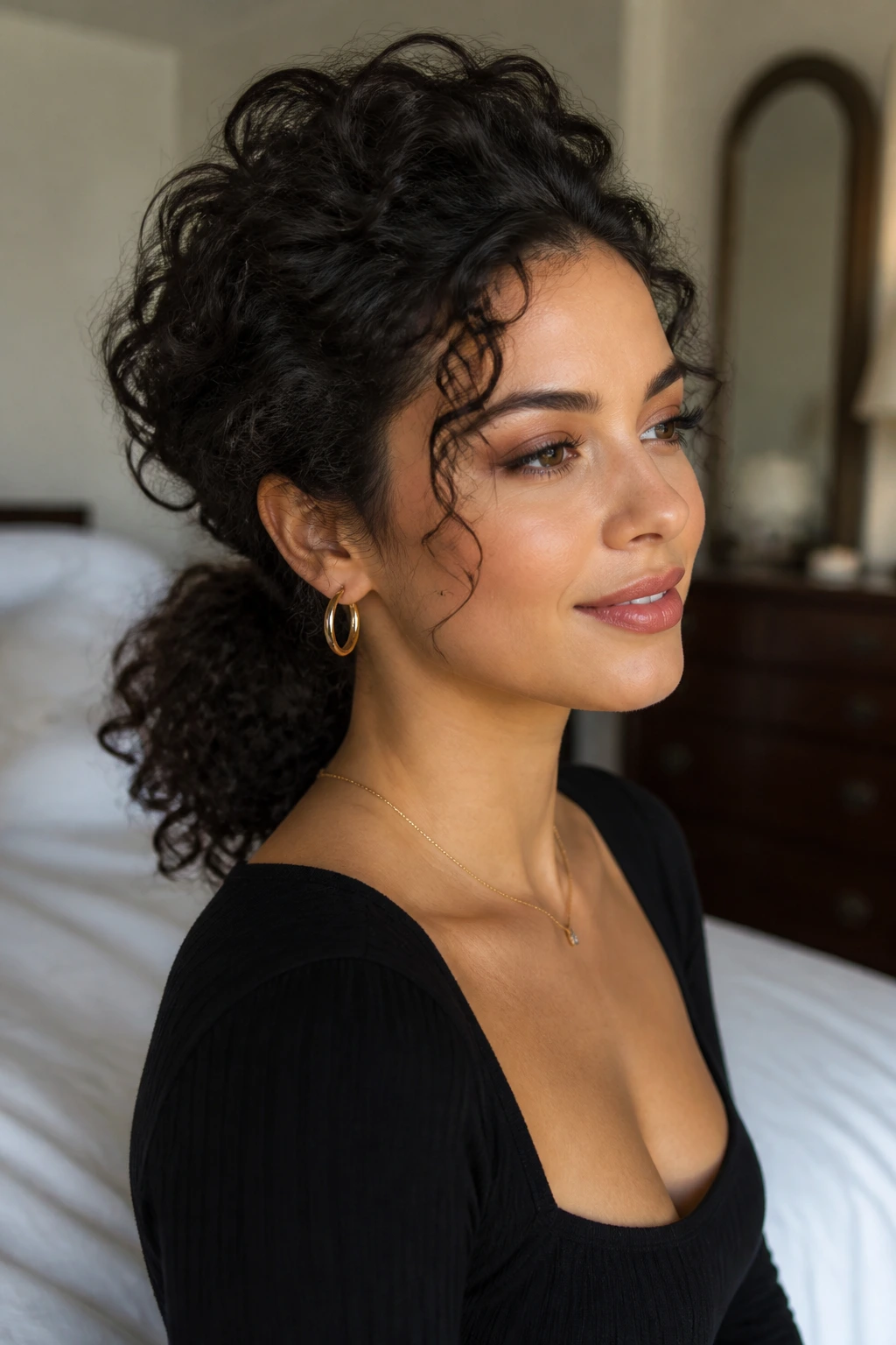 Close-up of a woman with a low curly ponytail and crown lift.