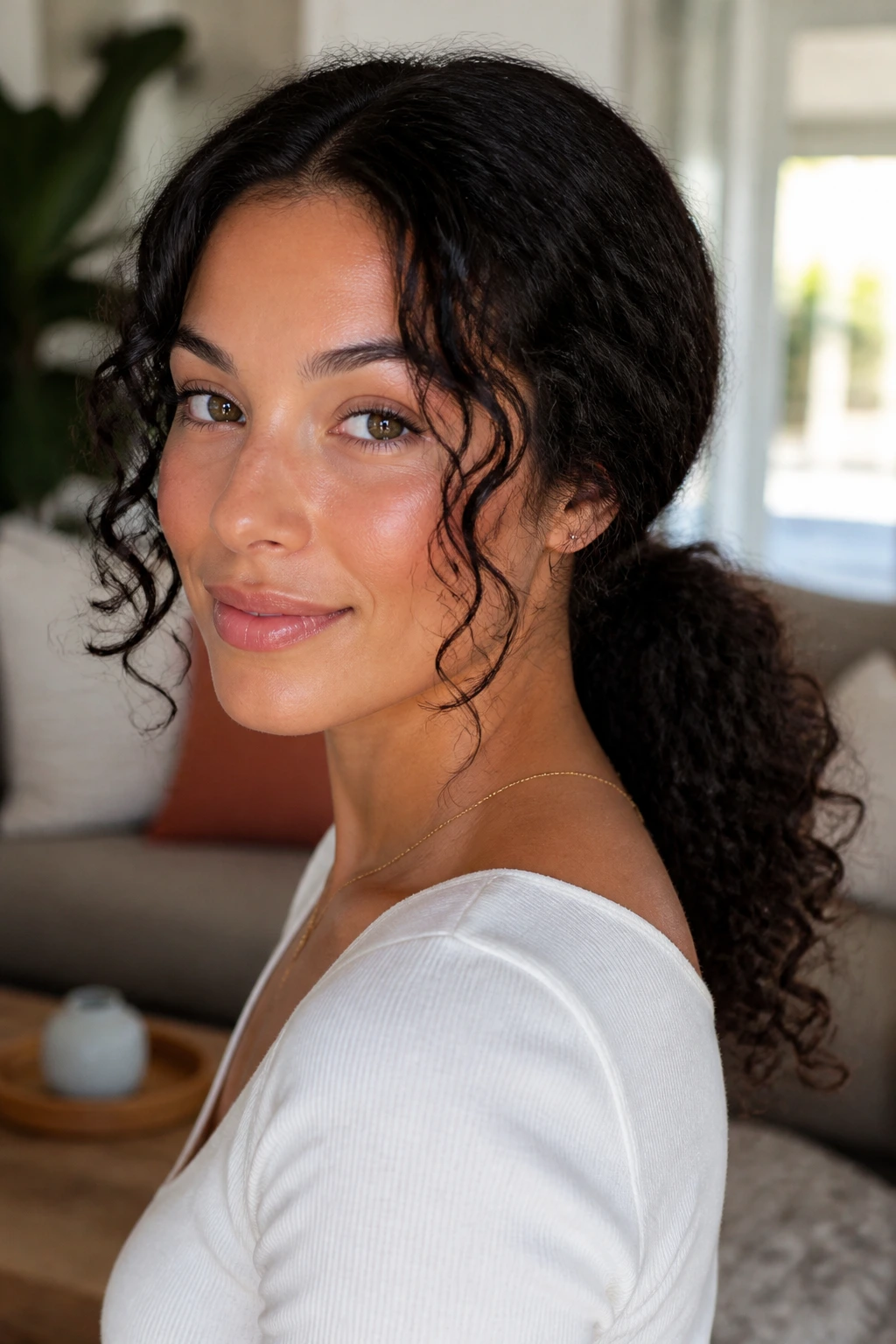 Real woman with low curly ponytail and soft front pieces framing face in warm light