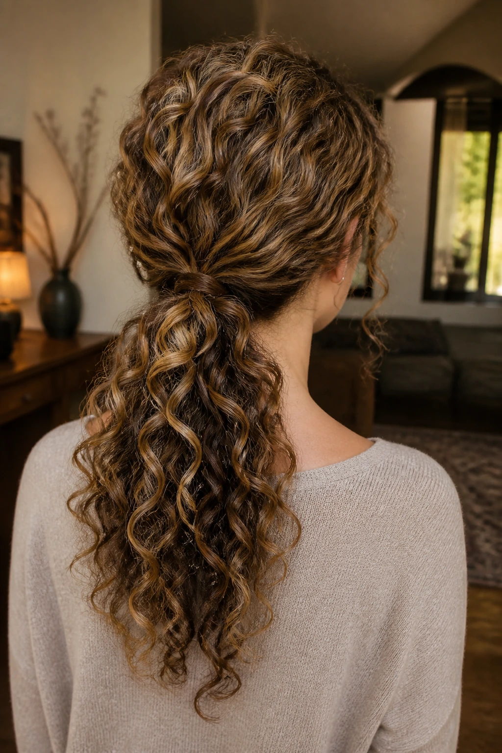 Back-of-head shot of a real person with a low curly ponytail and ribboned ends