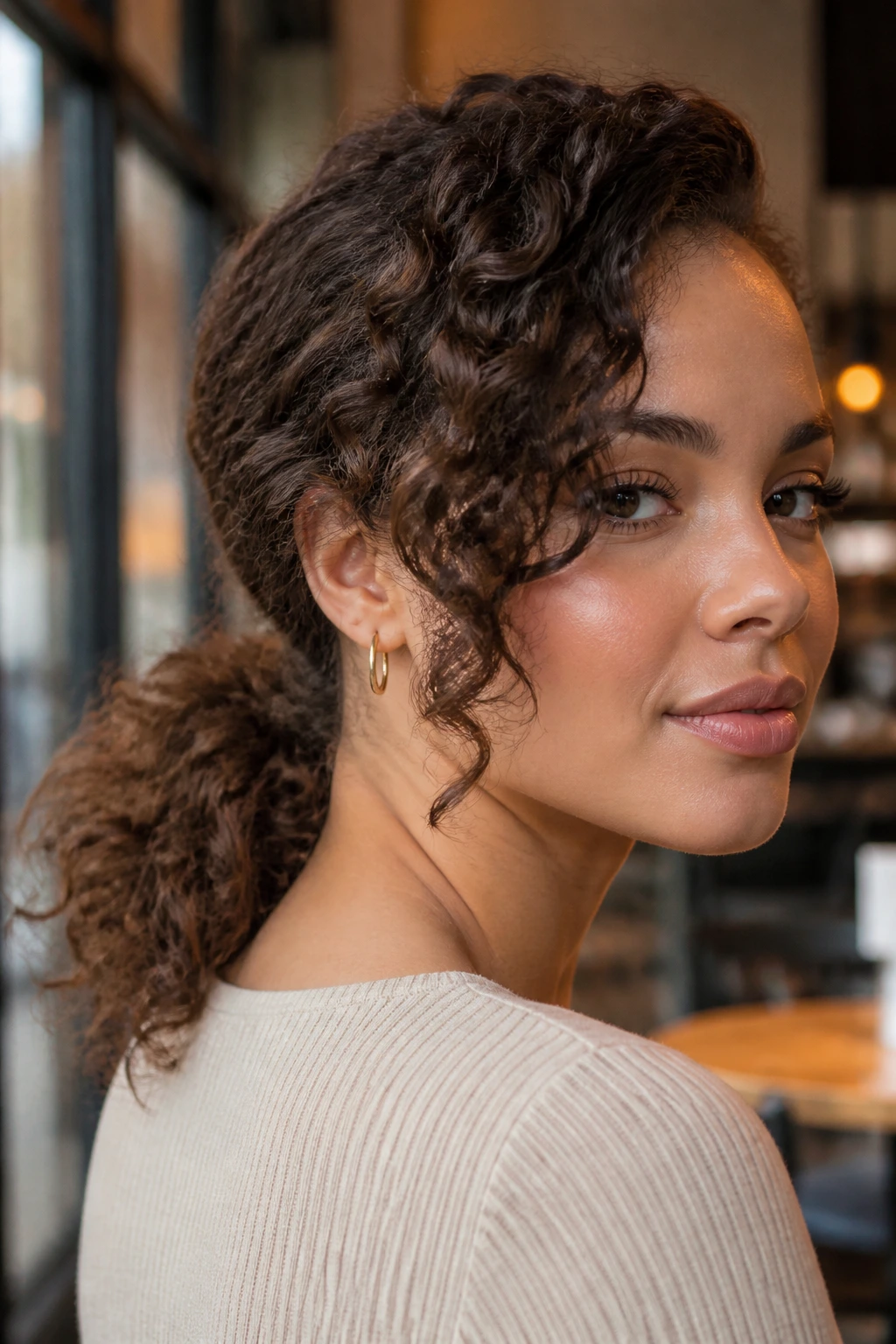 Real woman with a low curly ponytail and side swoop, portrait shot.