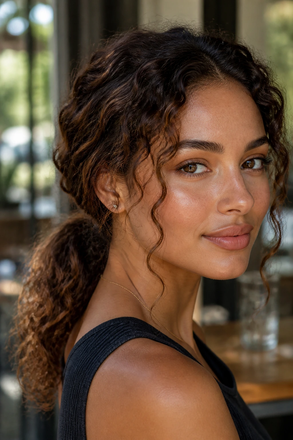 Close-up portrait with a low curly ponytail and tendrils framing the face