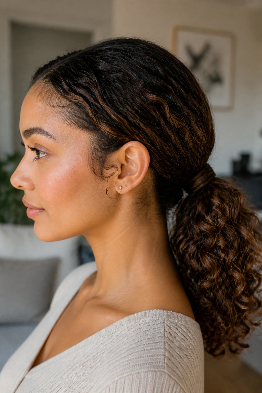 Close-up portrait of a real person with a low curly ponytail featuring a wrapped base at the nape