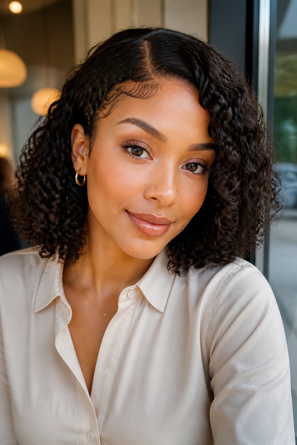 Real person wearing a low-density natural-look curly wig with visible hairline