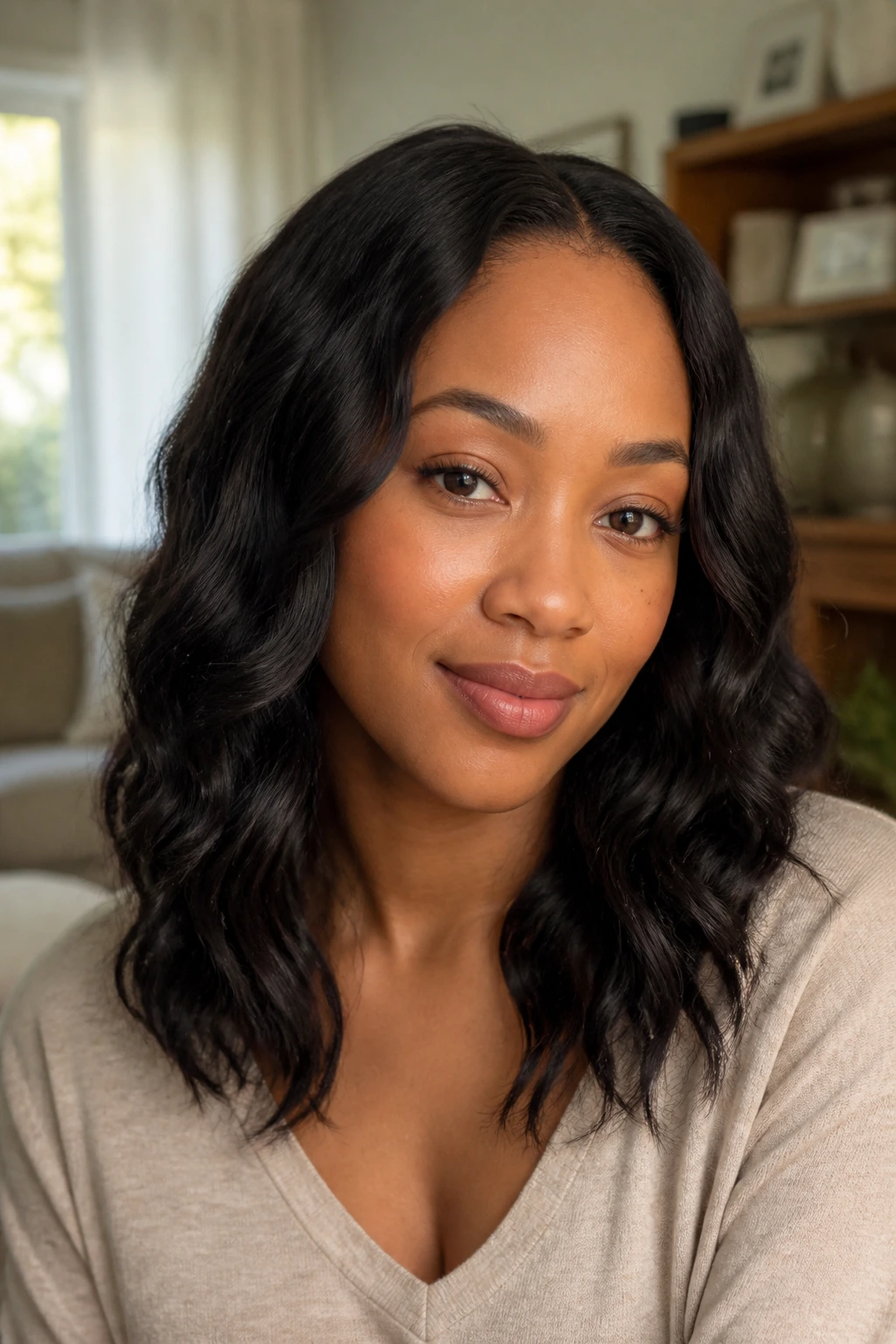 Close-up of a woman with airy low-density waves framing her face