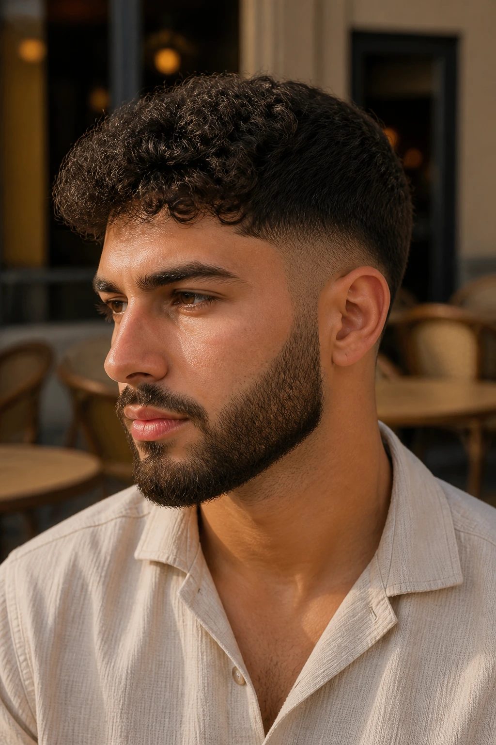 Close-up portrait of a man with a low drop fade blending into a beard