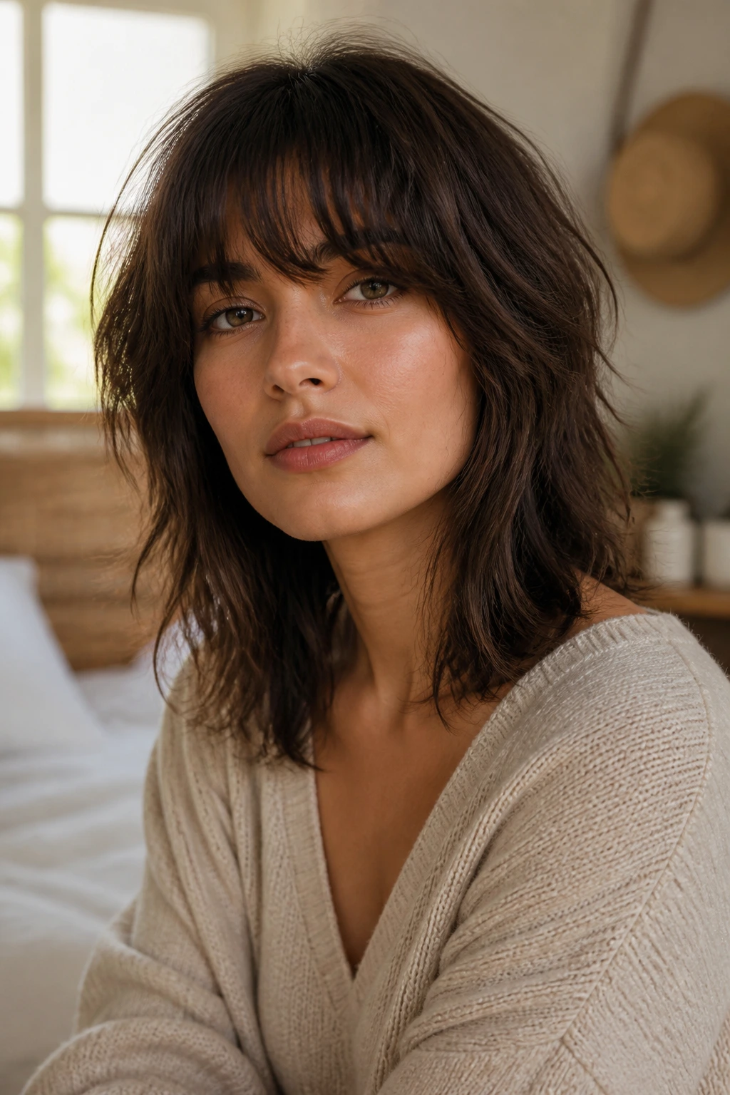 Close-up of real woman with low-effort tousled shag in a bedroom