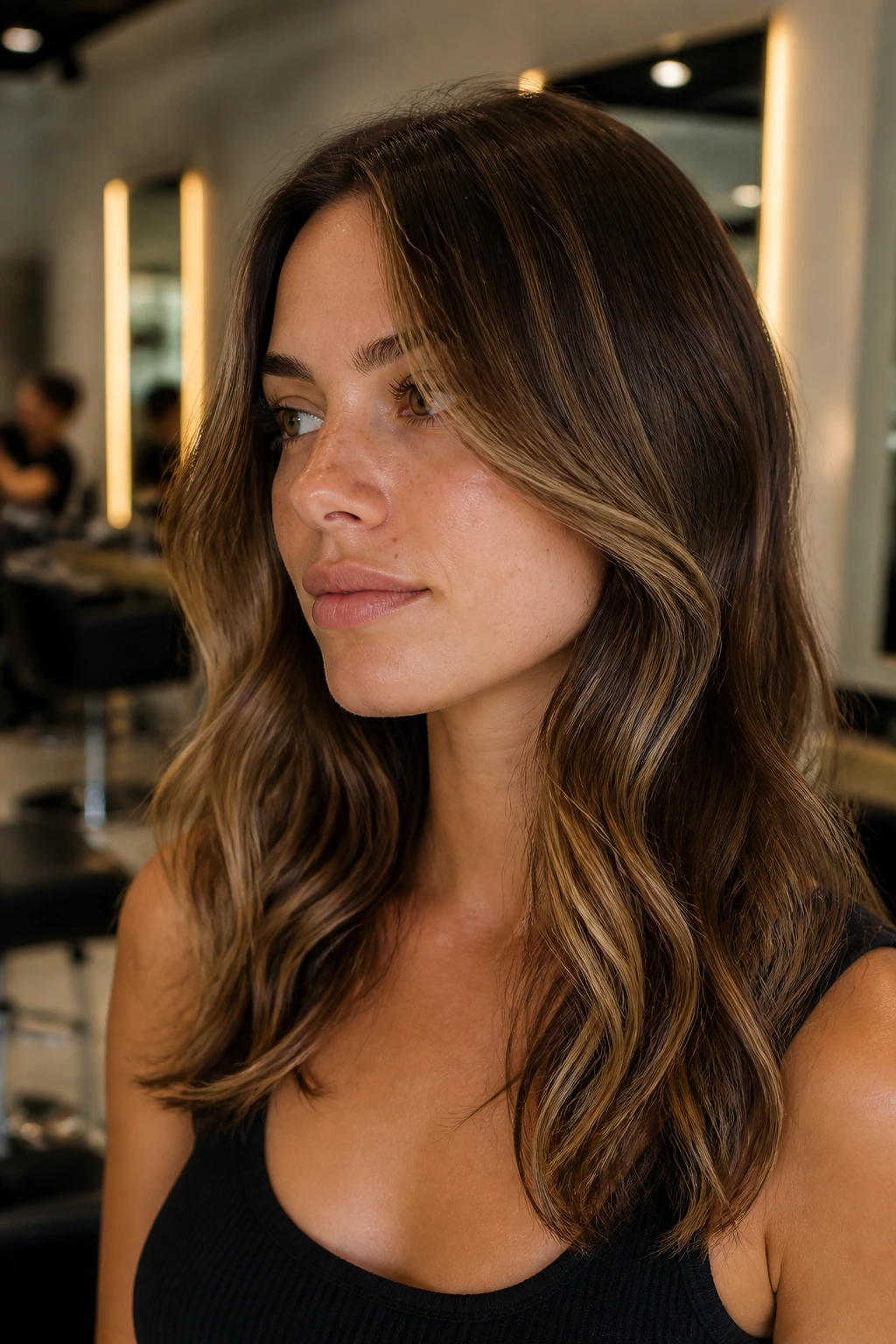 Portrait of a real person with low-elevation 25-degree layered cut near the cheekbone