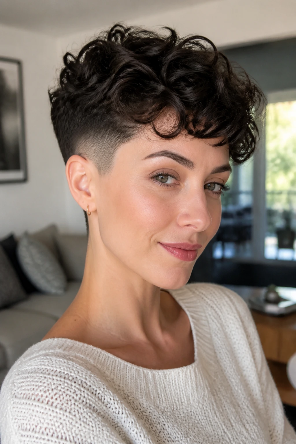 Close-up of a real woman with a low fade pixie and loose waves on top.