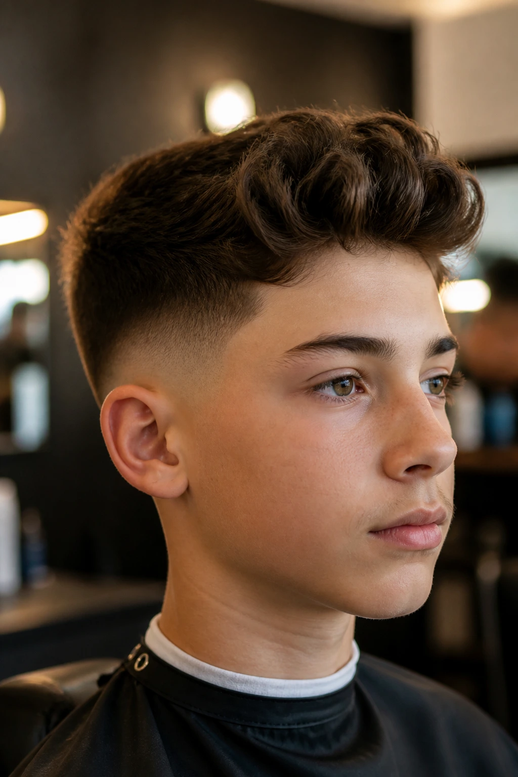 Close-up portrait of a real boy with a low fade and wavy quiff in a barber chair.