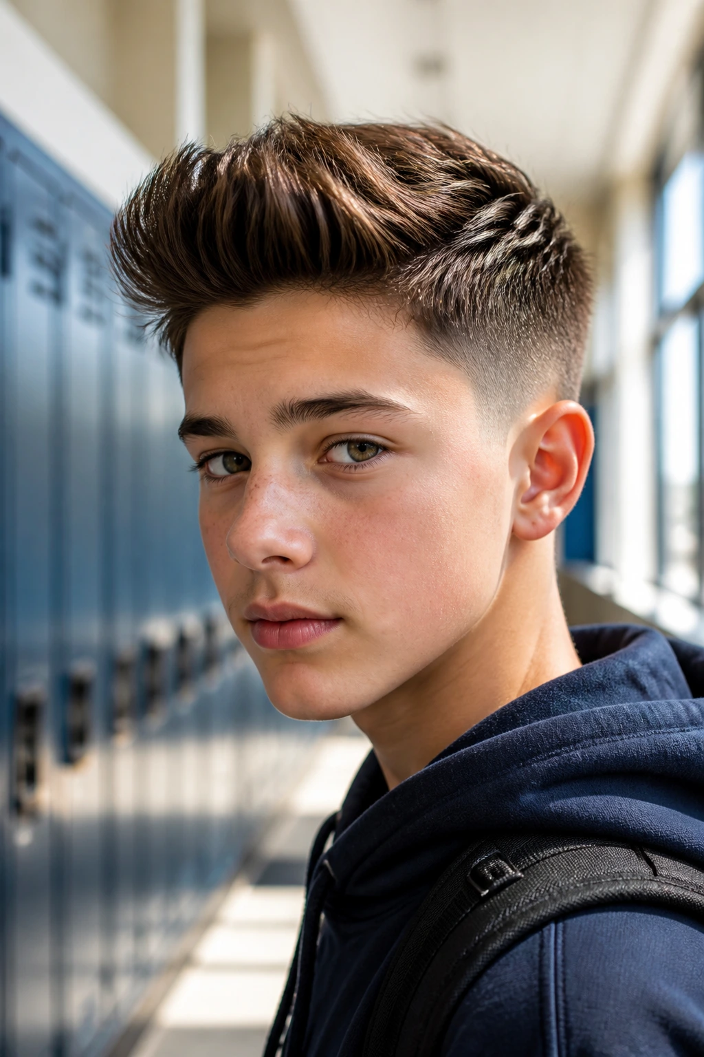 Boy with low fade quiff in a school hallway portrait