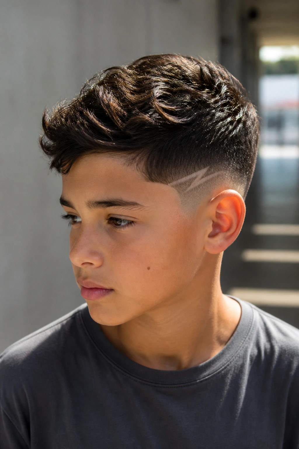 Close-up of a boy with a low fade and temple bolt