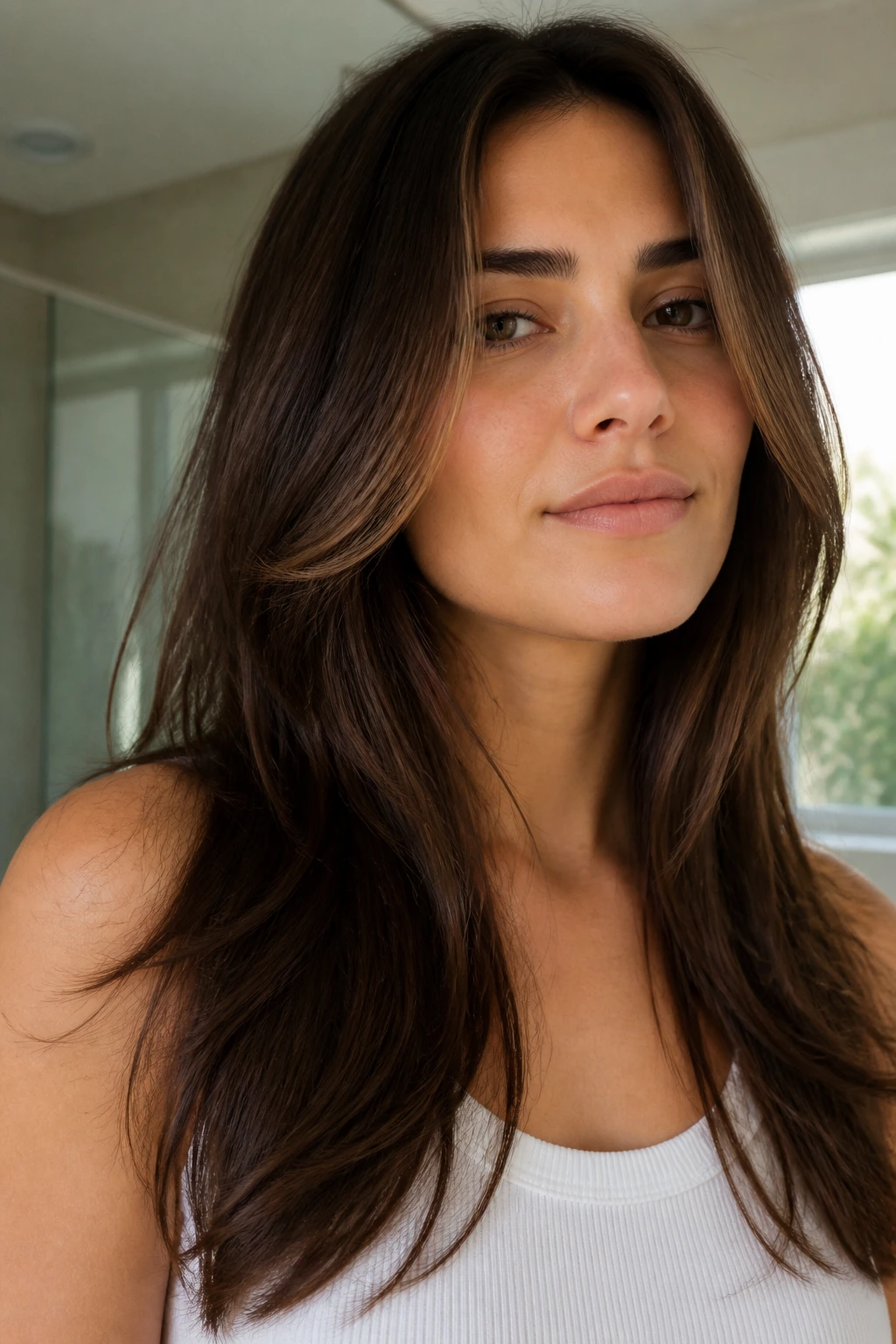 Close-up of thick-haired person with a low first-step layer around the chin.