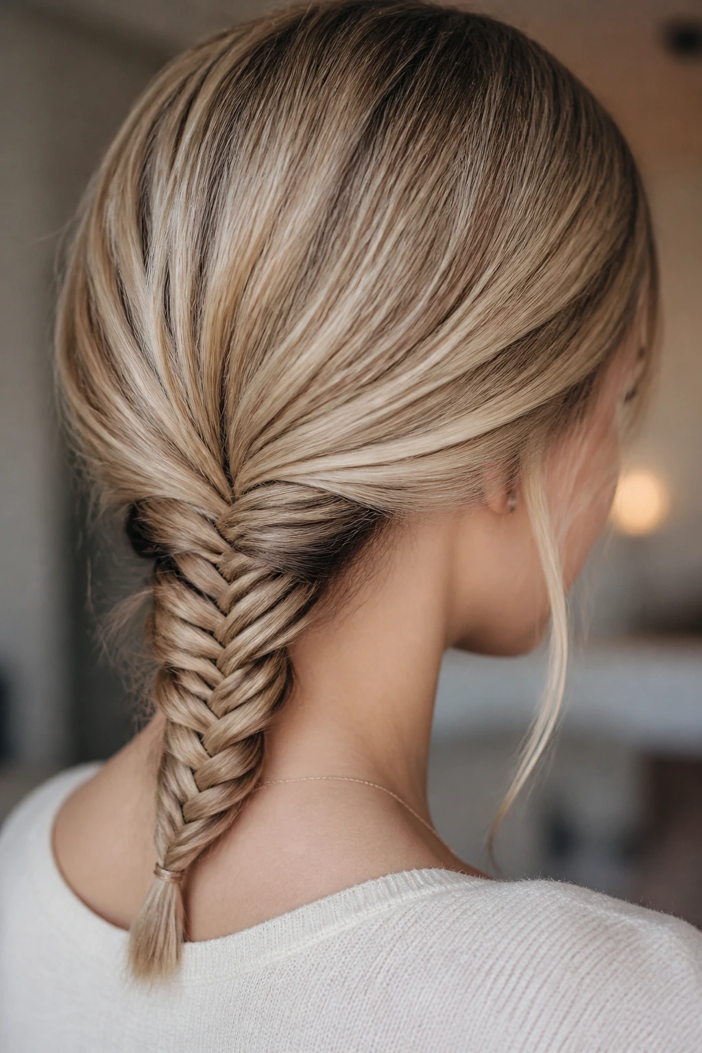 Close-up of a real person with a low fishtail braid at the nape