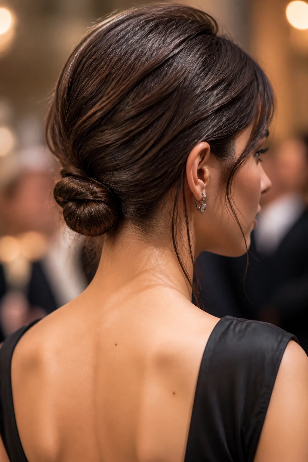 Close-up portrait of a real person with a low folded knot at the nape.