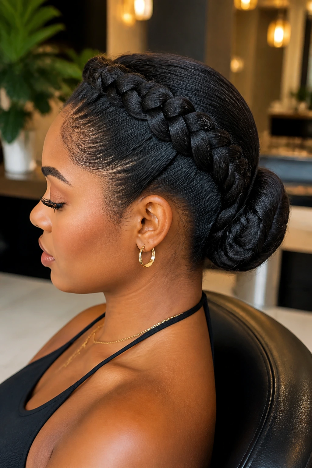 Close-up of a real woman with a low French braid bun at the nape