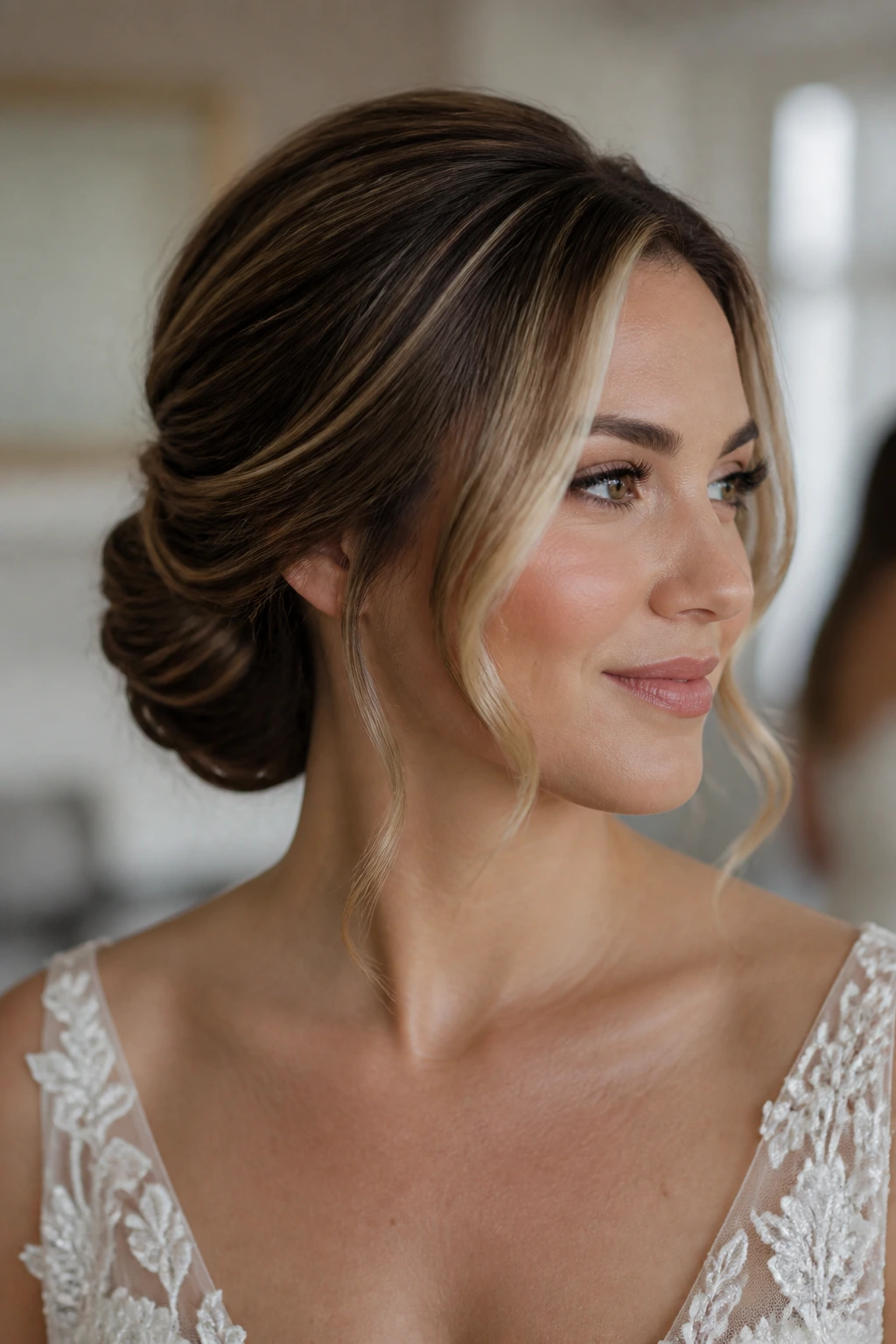 Close-up of a real bride with a low French roll and curved face-framing pieces