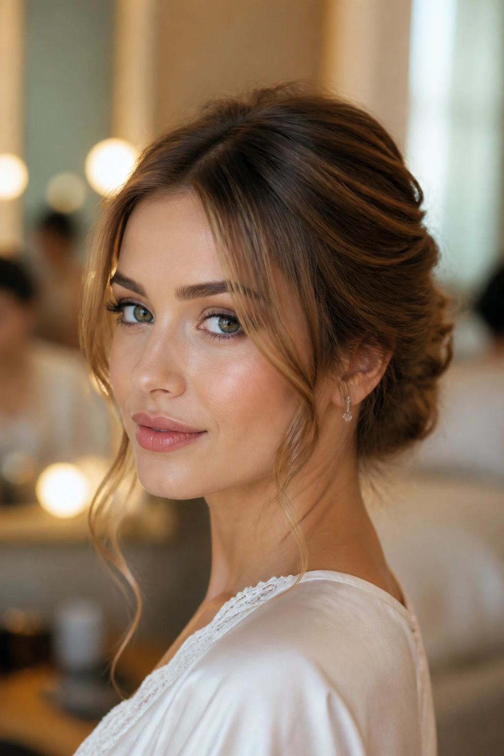 Close-up of a real woman with a low French twist and wispy temple pieces.