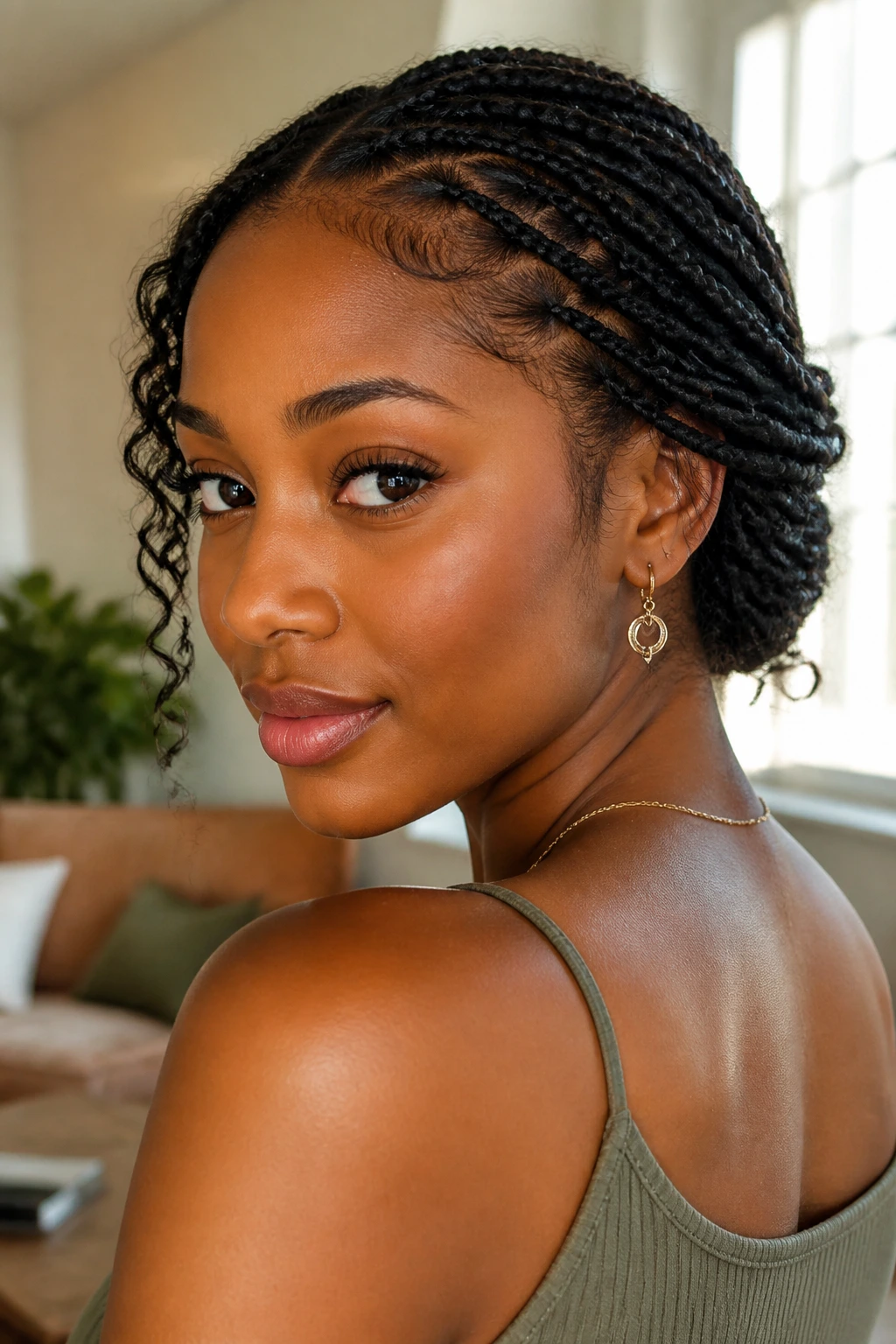 Close-up portrait of a real Black woman with low half braids and a tucked nape.