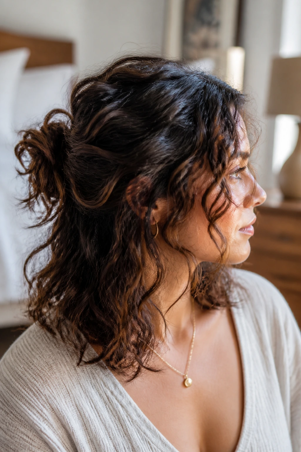 Close-up of a real woman with a low half-bun and loose ends, beachy waves, natural window light