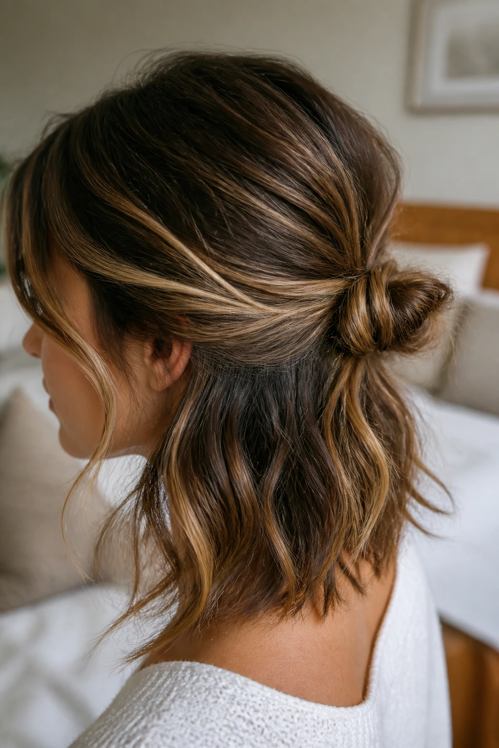 Close-up portrait of a real woman with a low half bun and loose waves