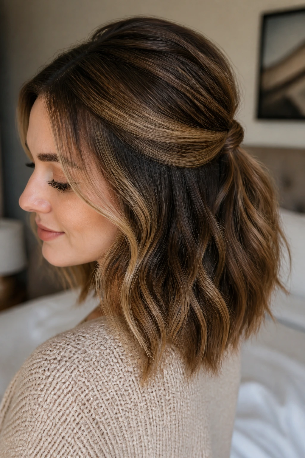 Close-up of a real woman showing a low half pony waves hairstyle with caramel crown highlights.