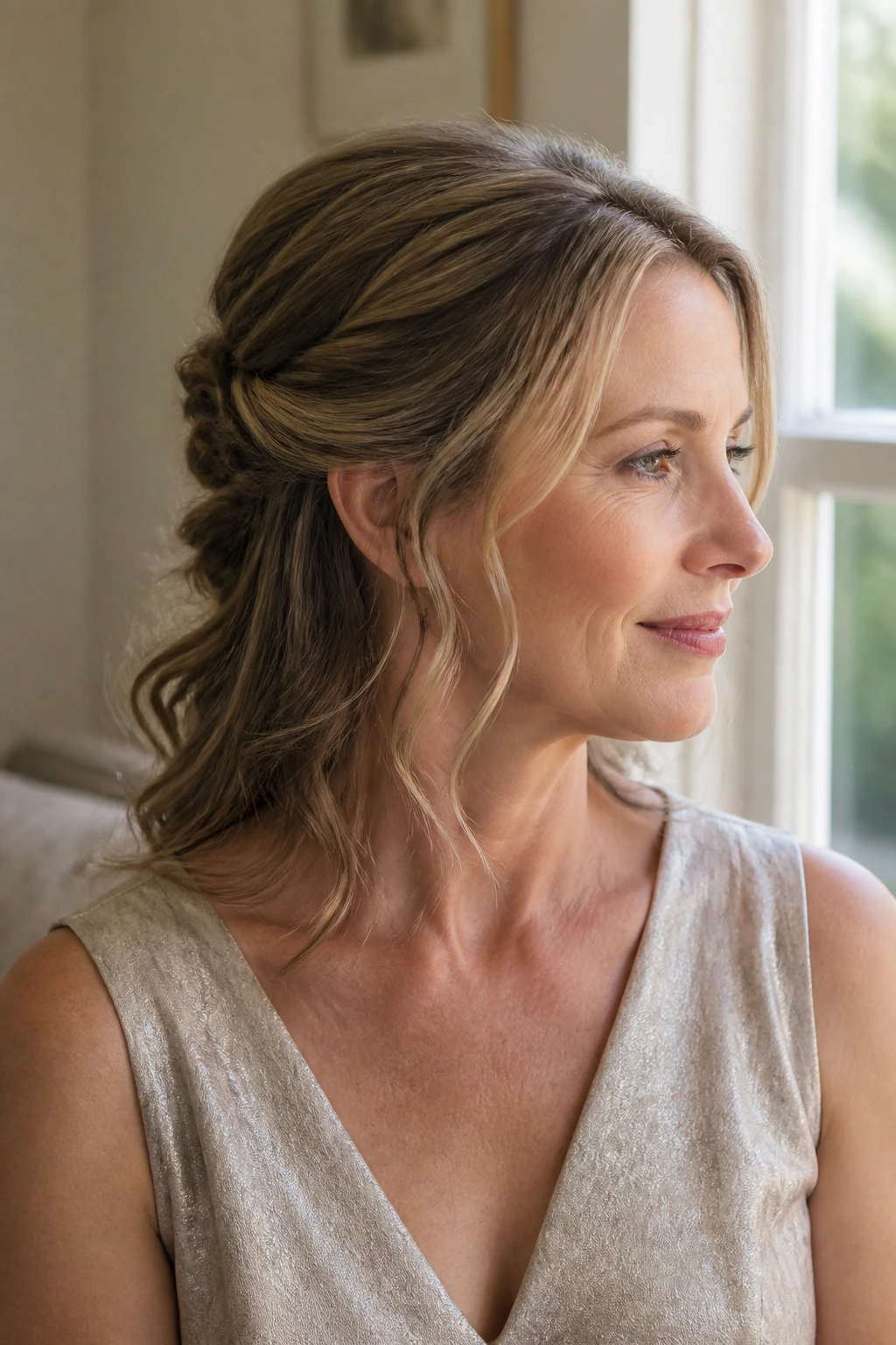 Close-up of a real woman with a low half-up knot and tendrils around the face