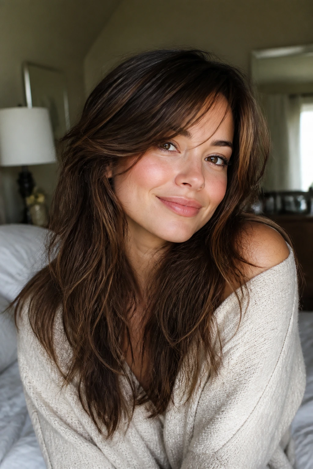 Close-up of a real woman with a textured layered cut and a soft side-swept fringe in morning light.