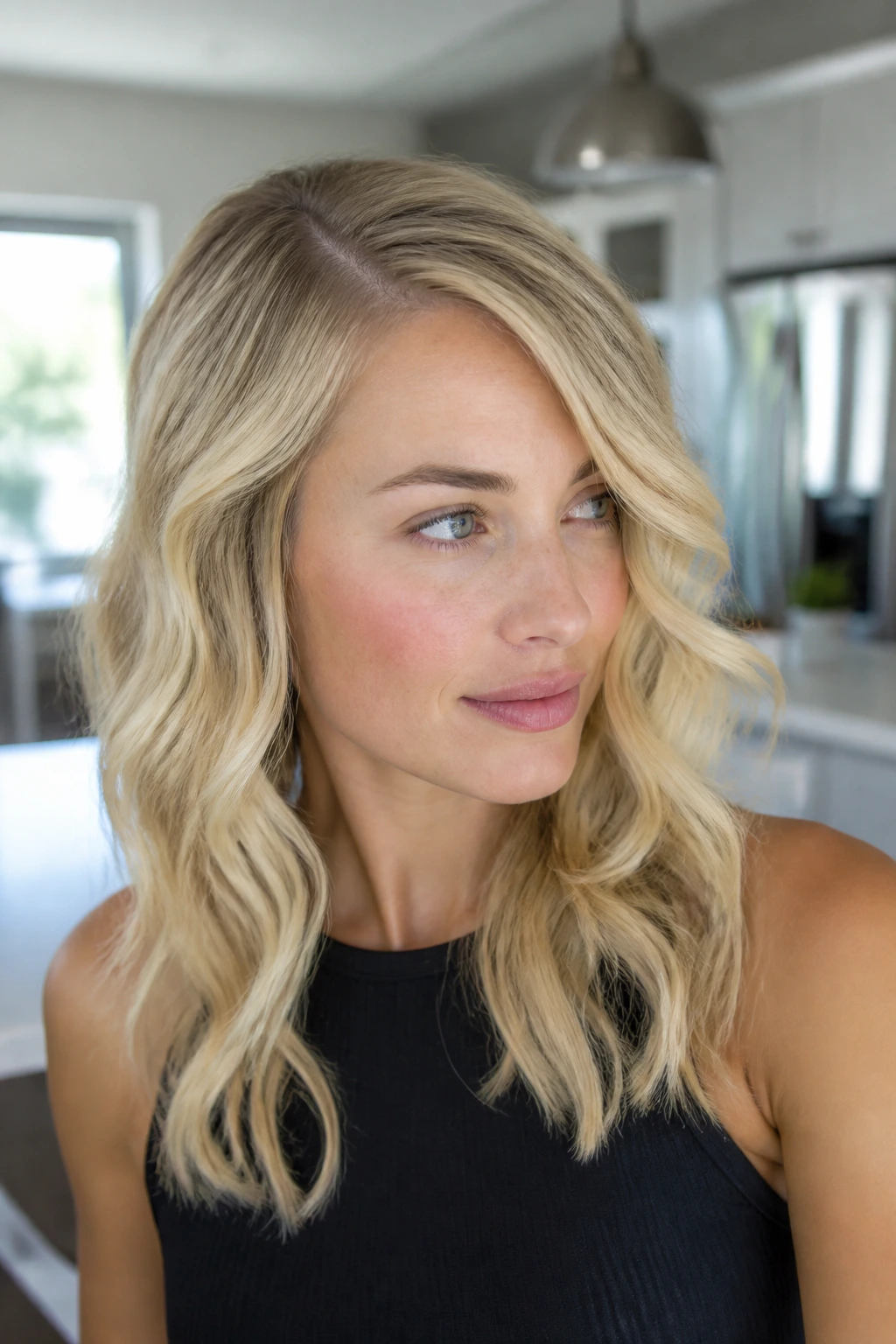 Close-up portrait of a real woman with off-center low-heat waves in pale blonde