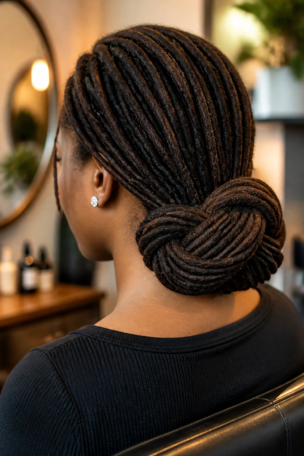 Close-up portrait of a real woman with a low infinity knot at the nape of her neck.