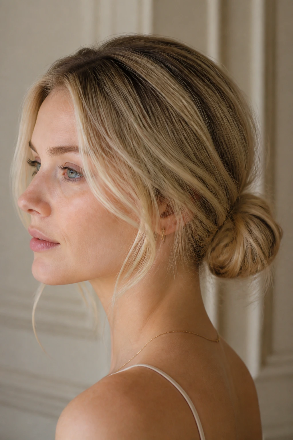 Real woman with a low knot hairstyle featuring blonde tendrils and root melt in warm light.