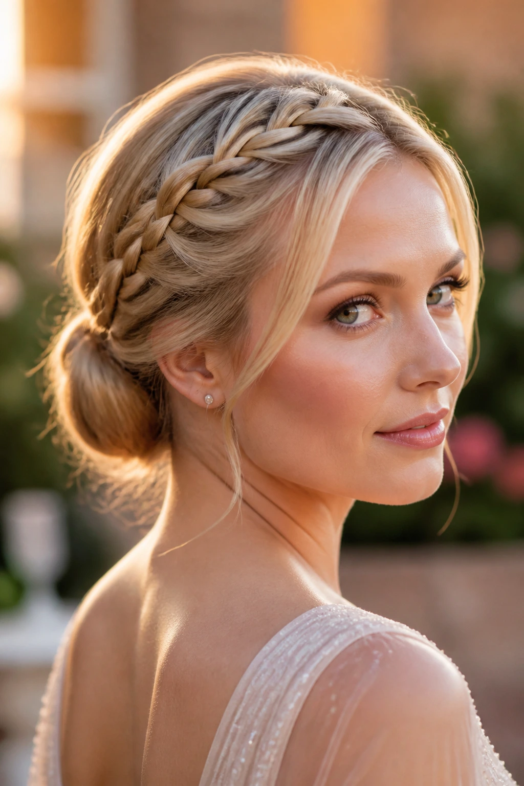 Close-up of a real woman with a low knot and braided crown in golden hour light