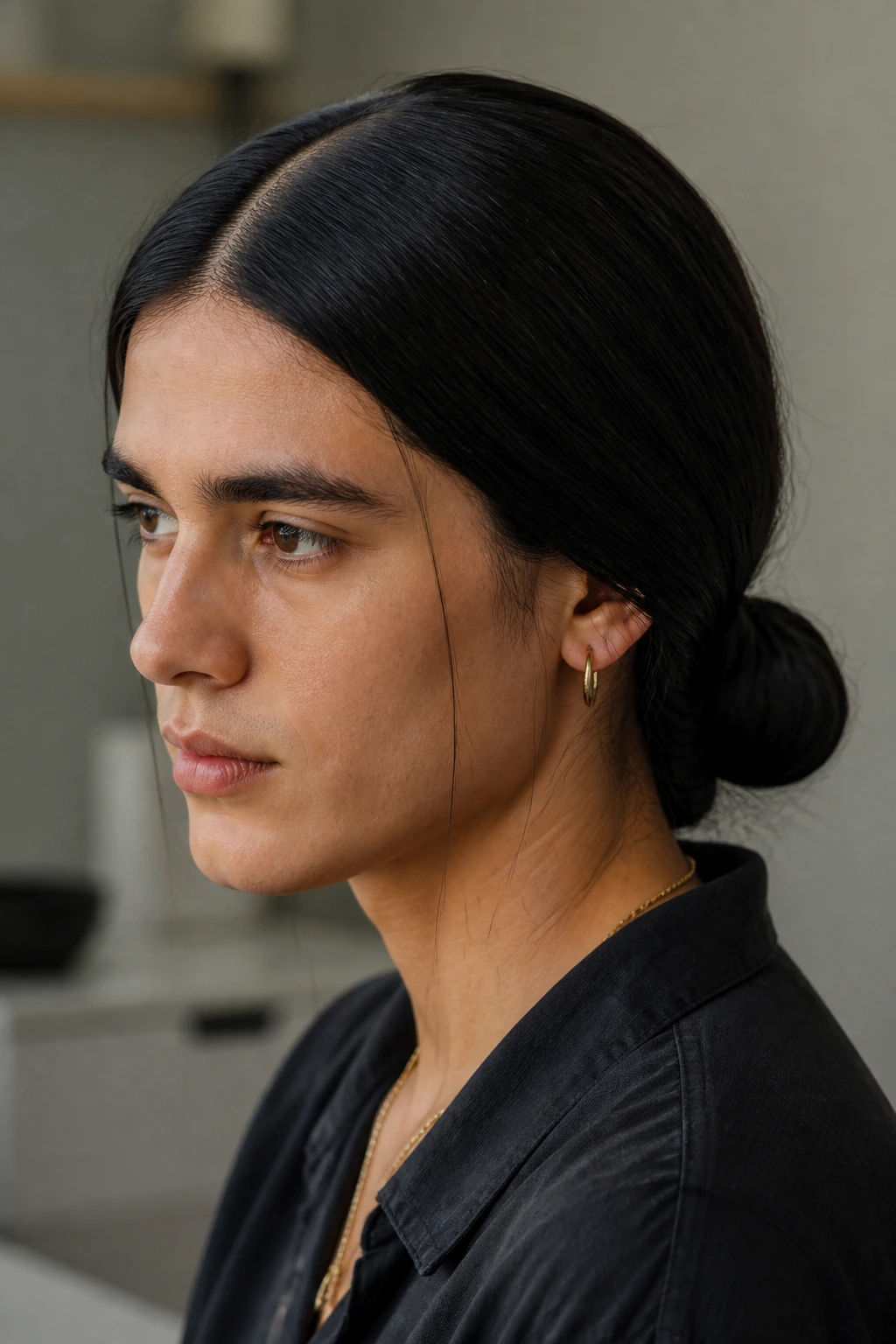 Close-up of a real person with thick hair in a low knot at the nape and center part