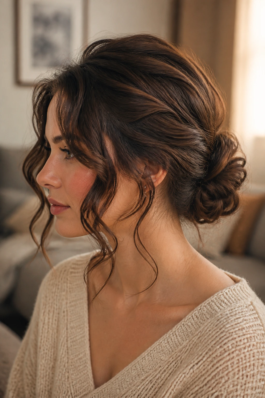 Close-up portrait of a real woman with a romantic low knot and curled sides framing the face